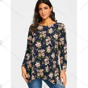 Tiny Floral Printed Asymmetrical T-shirt - Purplish Blue Fansmadedirect