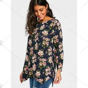 Tiny Floral Printed Asymmetrical T-shirt - Purplish Blue Fansmadedirect