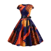 Tree Print Cap leeves Belted Round Neck Dress - Cadetblue Fansmadedirect