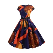 Tree Print Cap leeves Belted Round Neck Dress - Cadetblue Fansmadedirect