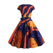 Tree Print Cap leeves Belted Round Neck Dress - Cadetblue Fansmadedirect