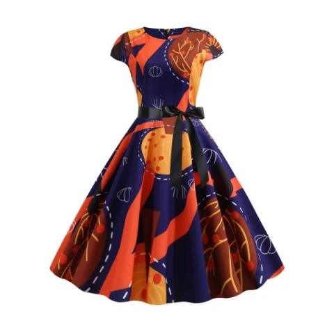 Tree Print Cap leeves Belted Round Neck Dress - Cadetblue Fansmadedirect