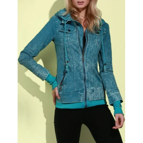 Trendy Hooded Long leeve Faux Twinset Pocket Design Women's Jacket - Green Fansmadedirect