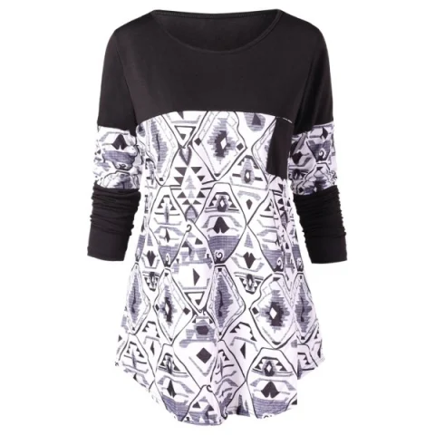 Tribal Geometric Print Front Pocket T-shirt - Black Fansmadedirect
