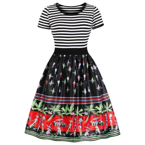 Tribe Print Striped Panel A Line Dress - Black Fansmadedirect