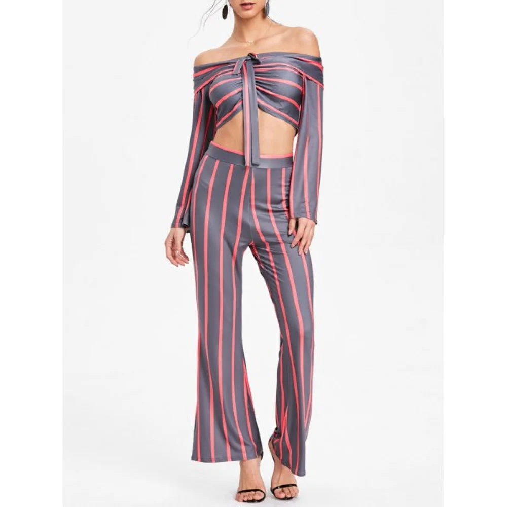 tripe Wide Leg Pants and Flare leeve Crop Top - Red Fansmadedirect