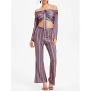 tripe Wide Leg Pants and Flare leeve Crop Top - Red Fansmadedirect