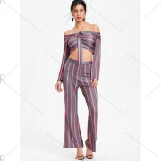tripe Wide Leg Pants and Flare leeve Crop Top - Red Fansmadedirect