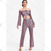 tripe Wide Leg Pants and Flare leeve Crop Top - Red Fansmadedirect
