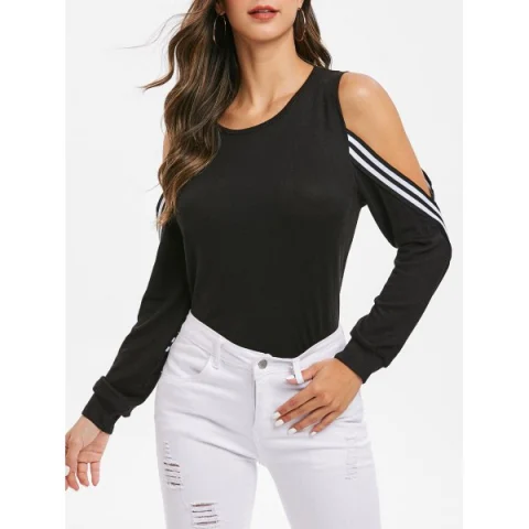 triped ide Open houlder weatshirt - Black Fansmadedirect