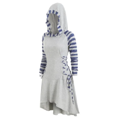 triped Lace Up Raglan leeves Hooded Dress - Gray Cloud Fansmadedirect