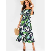 Tropical Leaf Print Belted Off Shoulder Dress - Fansmadedirect