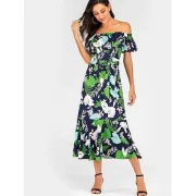 Tropical Leaf Print Belted Off Shoulder Dress - Fansmadedirect