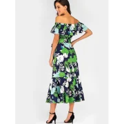 Tropical Leaf Print Belted Off Shoulder Dress - Fansmadedirect