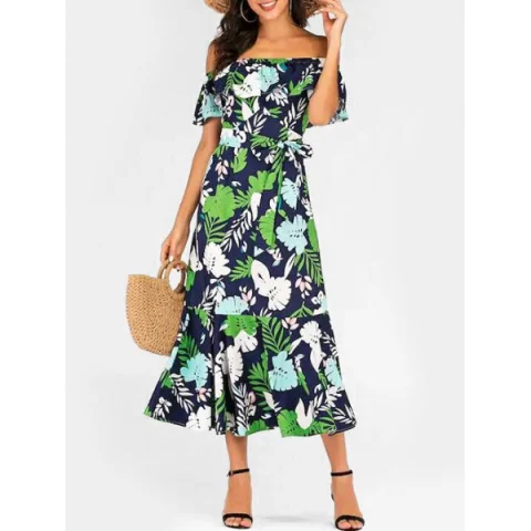 Tropical Leaf Print Belted Off Shoulder Dress - Fansmadedirect