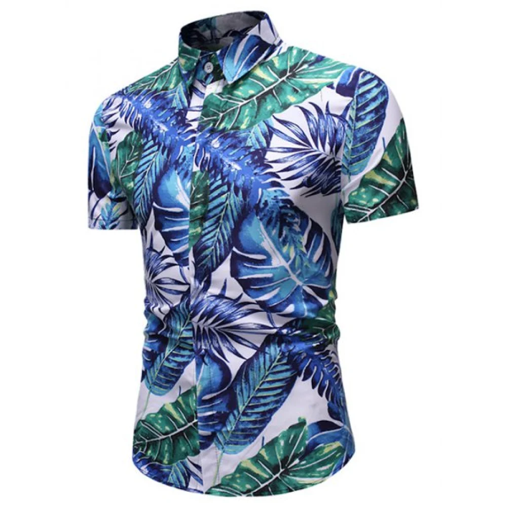 Tropical Leaf Print Button Up Short Sleeve Shirt - Fansmadedirect