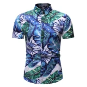 Tropical Leaf Print Button Up Short Sleeve Shirt - Fansmadedirect