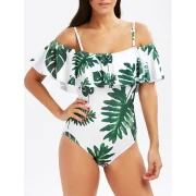 Tropical Off houlder Flounce Print wimsuit - White And Green Fansmadedirect