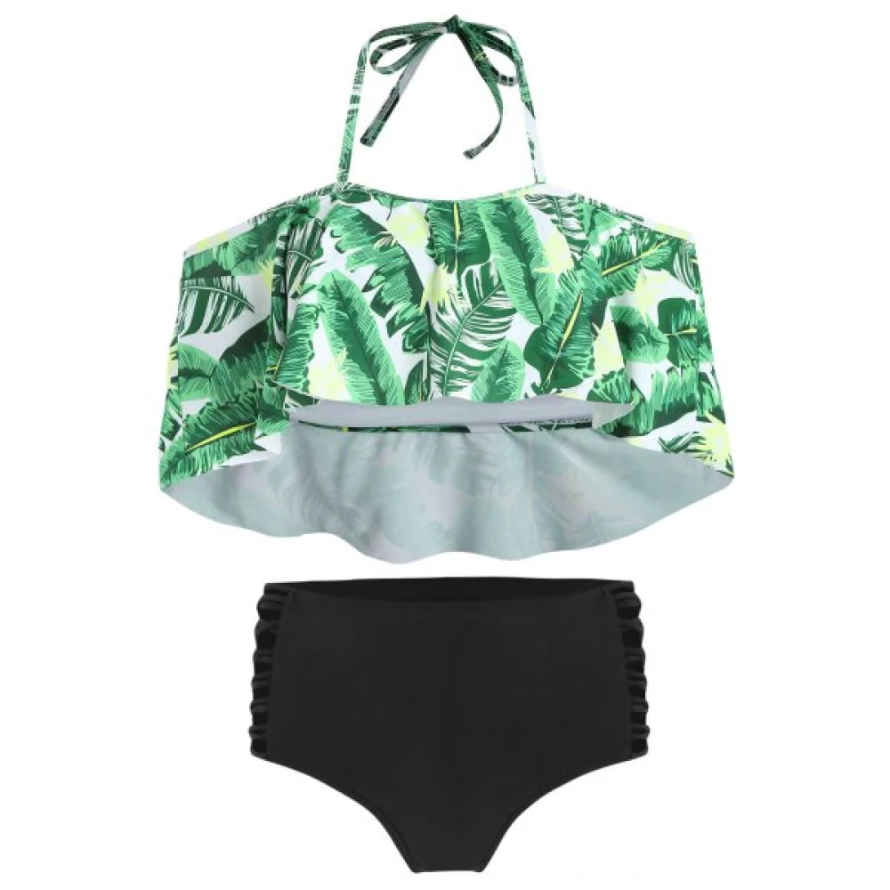 Tropical Print Ladder Cut Out Bikini Set - Clover Green Fansmadedirect