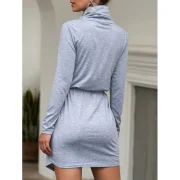 Turtleneck Heathered Belted Long Sleeves Dress - Gray Fansmadedirect