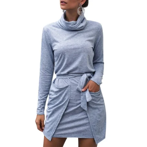 Turtleneck Heathered Belted Long Sleeves Dress - Gray Fansmadedirect