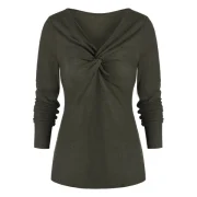 Twist V Neck Long Sleeve T Shirt - Army Green Fansmadedirect