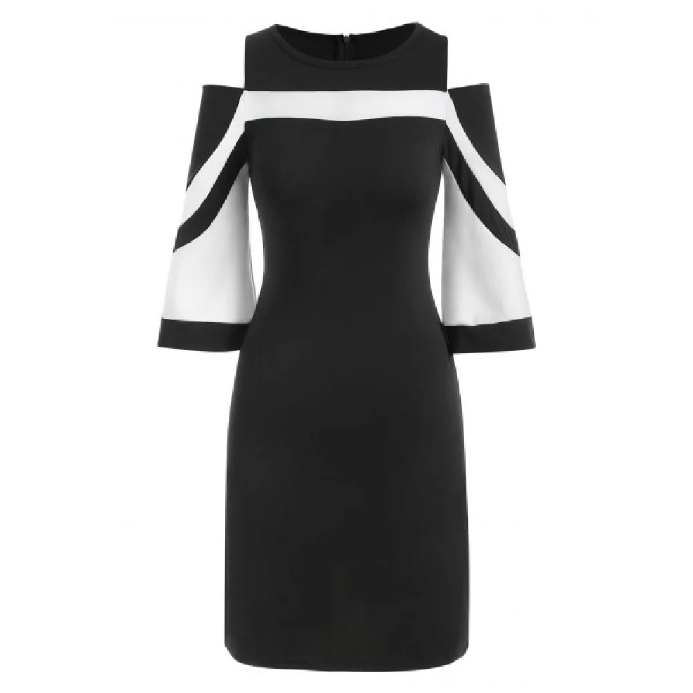 Two Tone Open Shoulder Bodycon Dress - Black Fansmadedirect