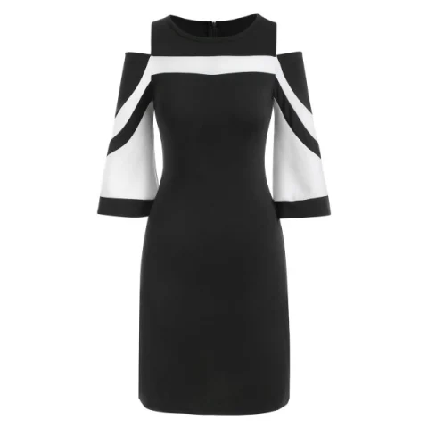 Two Tone Open Shoulder Bodycon Dress - Black Fansmadedirect