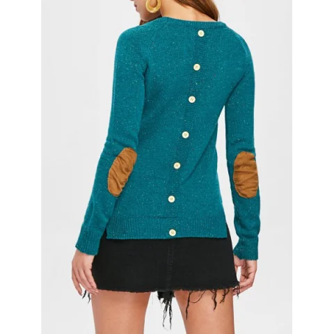 tylish Back Buttoned Elbow pliced Pullover weater For Women - Green Fansmadedirect