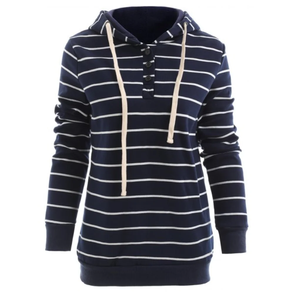 tylish Hooded Long leeve Drawstring triped Women's Hoodie - Cadetblue Fansmadedirect
