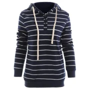 tylish Hooded Long leeve Drawstring triped Women's Hoodie - Cadetblue Fansmadedirect