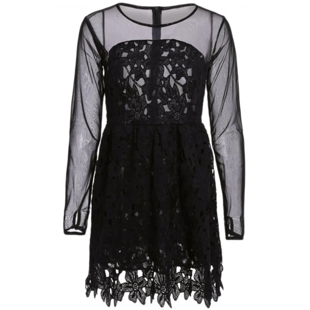 tylish Round Collar Lace Floral Embroidery Long leeve Dress For Women - Black Fansmadedirect