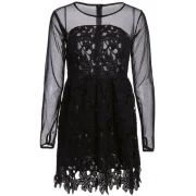 tylish Round Collar Lace Floral Embroidery Long leeve Dress For Women - Black Fansmadedirect