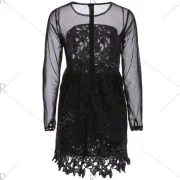 tylish Round Collar Lace Floral Embroidery Long leeve Dress For Women - Black Fansmadedirect