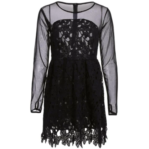 tylish Round Collar Lace Floral Embroidery Long leeve Dress For Women - Black Fansmadedirect