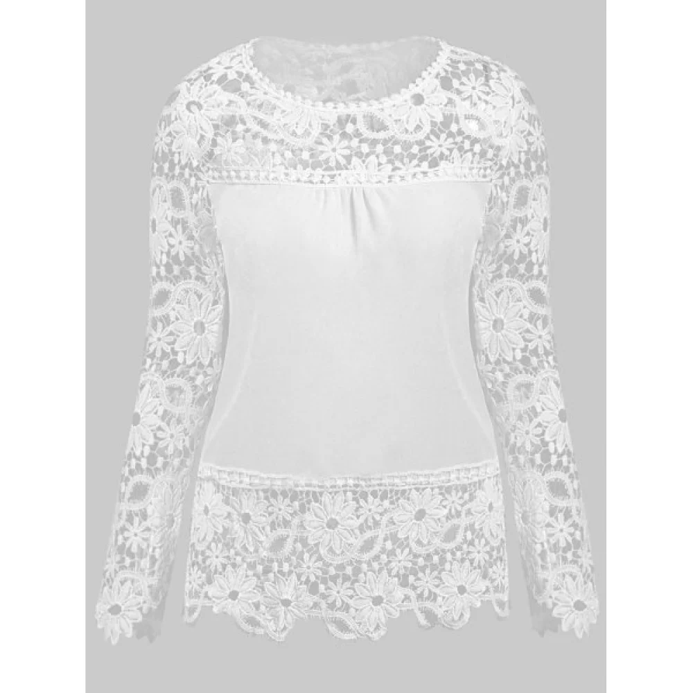 tylish Round Neck Long leeve pliced Hollow Out Women's Blouse - White Fansmadedirect