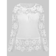 tylish Round Neck Long leeve pliced Hollow Out Women's Blouse - White Fansmadedirect