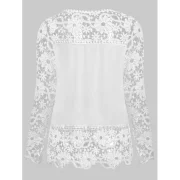 tylish Round Neck Long leeve pliced Hollow Out Women's Blouse - White Fansmadedirect