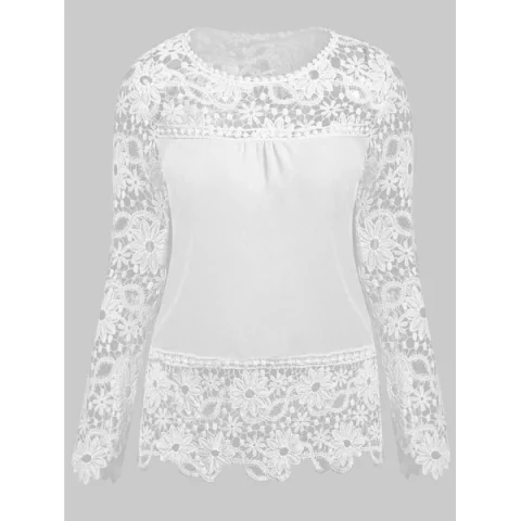 tylish Round Neck Long leeve pliced Hollow Out Women's Blouse - White Fansmadedirect