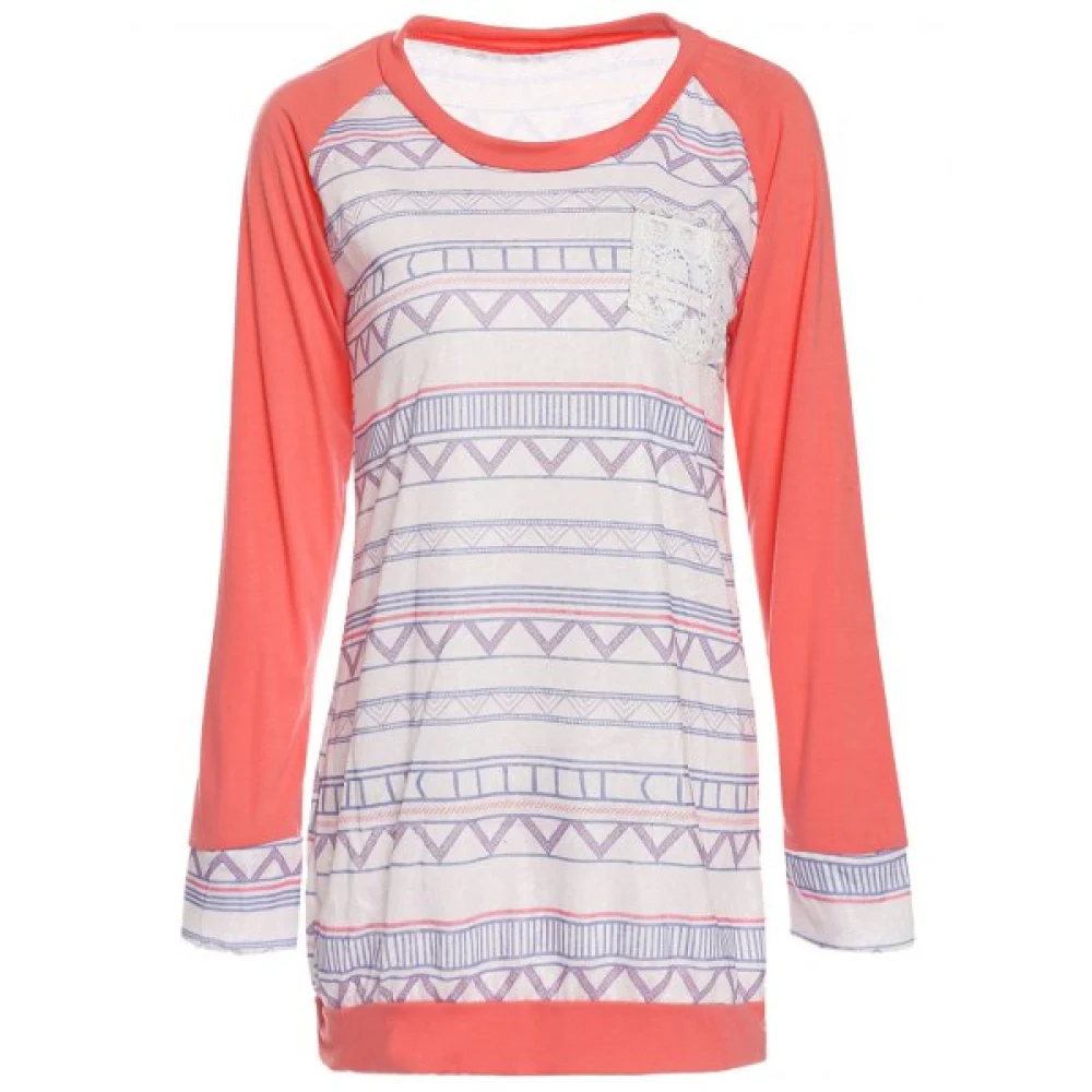 tylish Round Neck Long leeve Printed Pocket Design Women's T-hirt - Pink Fansmadedirect