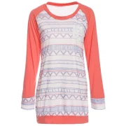 tylish Round Neck Long leeve Printed Pocket Design Women's T-hirt - Pink Fansmadedirect