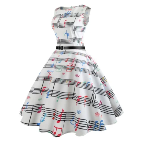 usical Notes Print Sleeveless A Line Dress - White Fansmadedirect