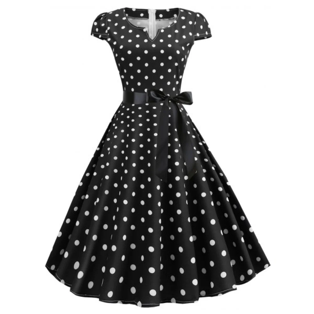 V Cut Polka Dot Party Dress - Black Fansmadedirect