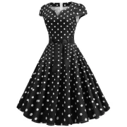 V Cut Polka Dot Party Dress - Black Fansmadedirect