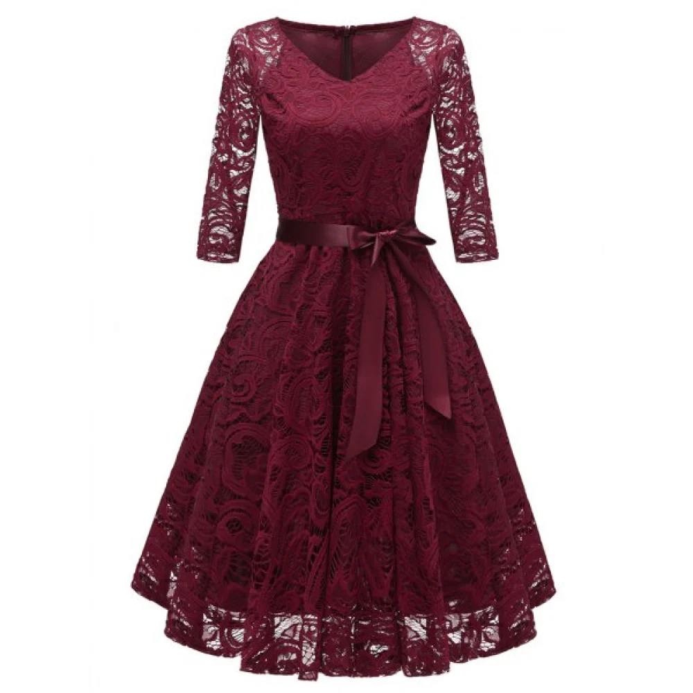 V Neck Bow Belted A ine Dress - Red Wine Fansmadedirect