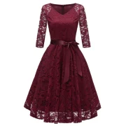 V Neck Bow Belted A ine Dress - Red Wine Fansmadedirect