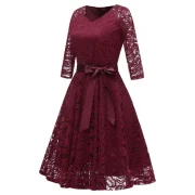 V Neck Bow Belted A ine Dress - Red Wine Fansmadedirect