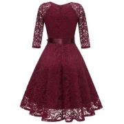 V Neck Bow Belted A ine Dress - Red Wine Fansmadedirect