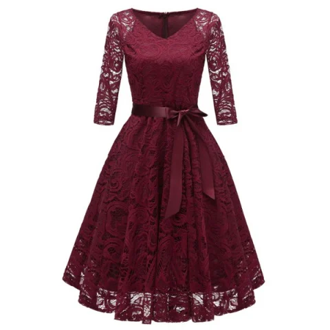 V Neck Bow Belted A ine Dress - Red Wine Fansmadedirect