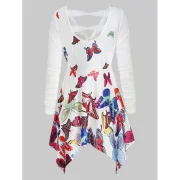 V Neck Butterfly Print Asymmetrical T Shirt - ulti-a Fansmadedirect